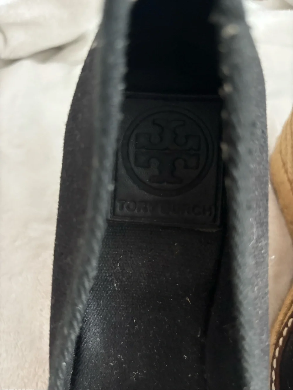 Tory Burch Black Canvas Peep-Toe Espadrille Wedges with Gold Logo Charm